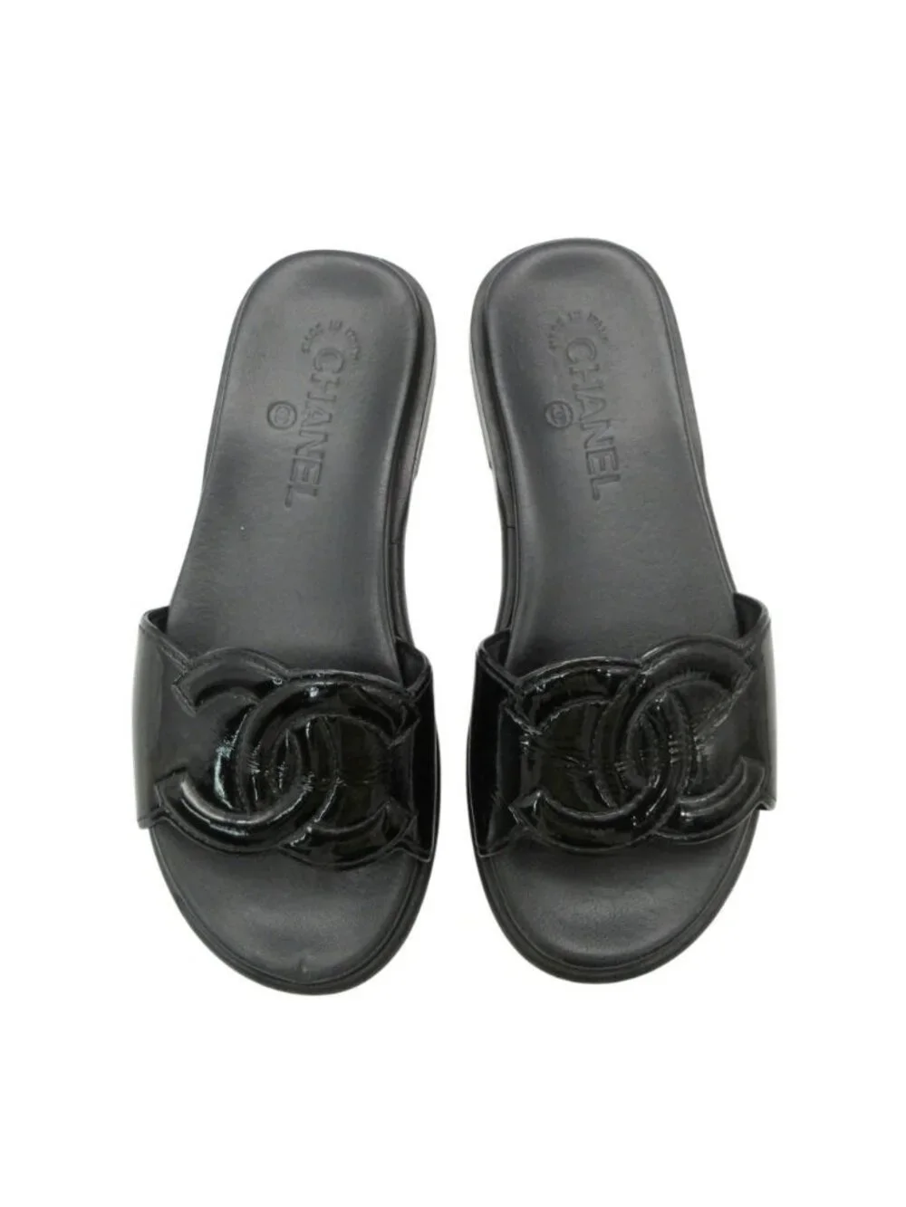 Chanel Beach Sandals Slide Flat CC Logo Enamel Patent Leather Black